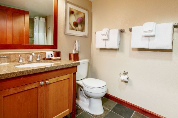 The image shows a clean bathroom with a wooden vanity, a large mirror, a toilet, two towel racks with folded towels, and a framed picture on the wall.