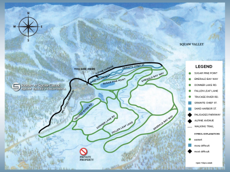 This image is a trail map of Squaw Valley, showing various ski trails with a legend detailing slopes' names and difficulty levels.